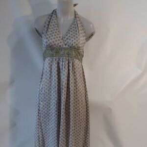 NWT Womens BCBGMaxazria Beige Gray Pure Silk Polka Dot Halter Dress XS
